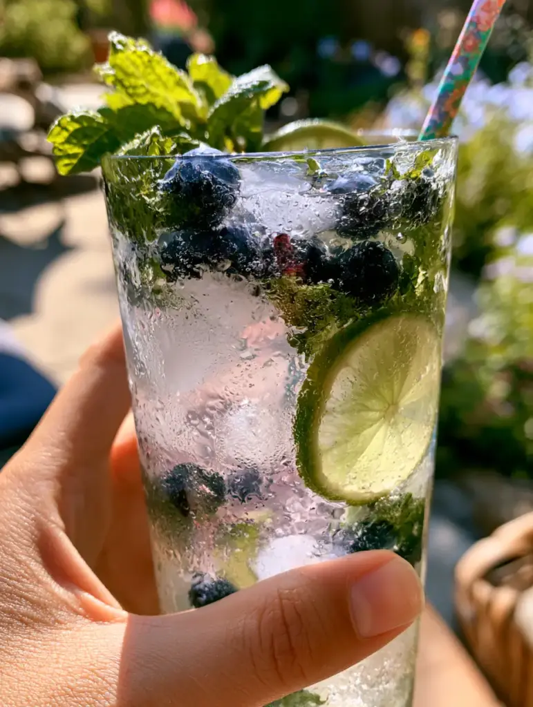 The process of muddling blueberries and limes for the base of a blueberry mojito recipe.
