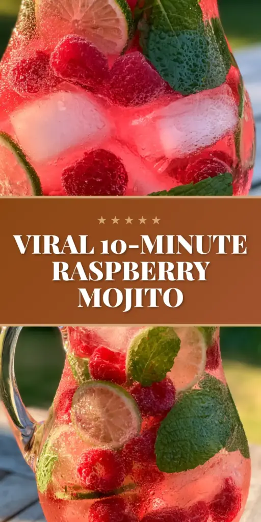 A sleek glass pitcher of electric pink Raspberry Mojito sitting on a light oak table in a sun-drenched garden.