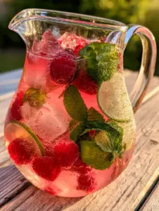 Close up of carbonation bubbles clinging to fresh raspberries and lime wheels in a Raspberry Mojito.