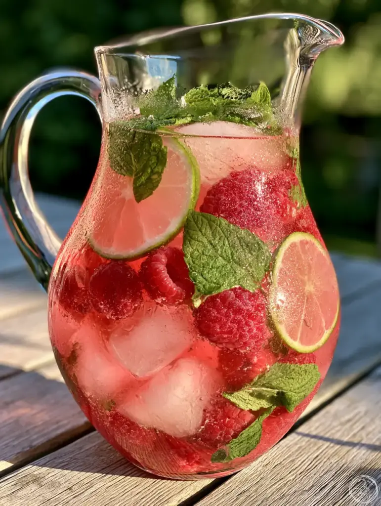 Top down view of a Raspberry Mojito pitcher showing unbruised mint leaves and vibrant lime wheels.