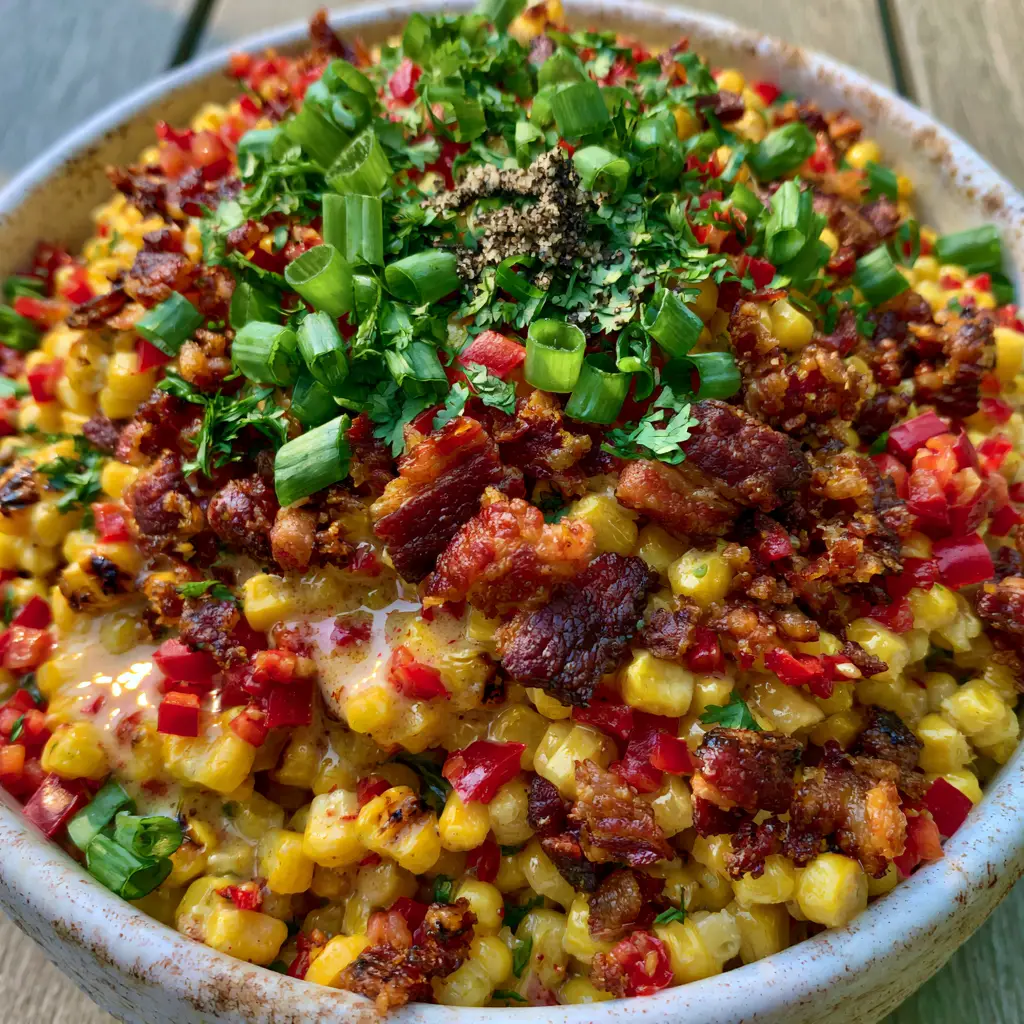 Bacon and Corn Salad with Creamy Lime Dressing 1 Top-down view of creamy lime-infused corn salad with red bell peppers and cilantro in a white ceramic bowl.