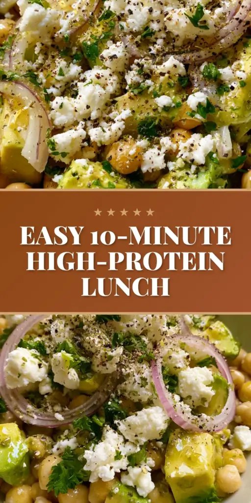 A top-down 45-degree closeup of a chickpea feta avocado salad in a white bowl on a marble surface, showing glossy chickpeas, green avocado cubes, and white feta.