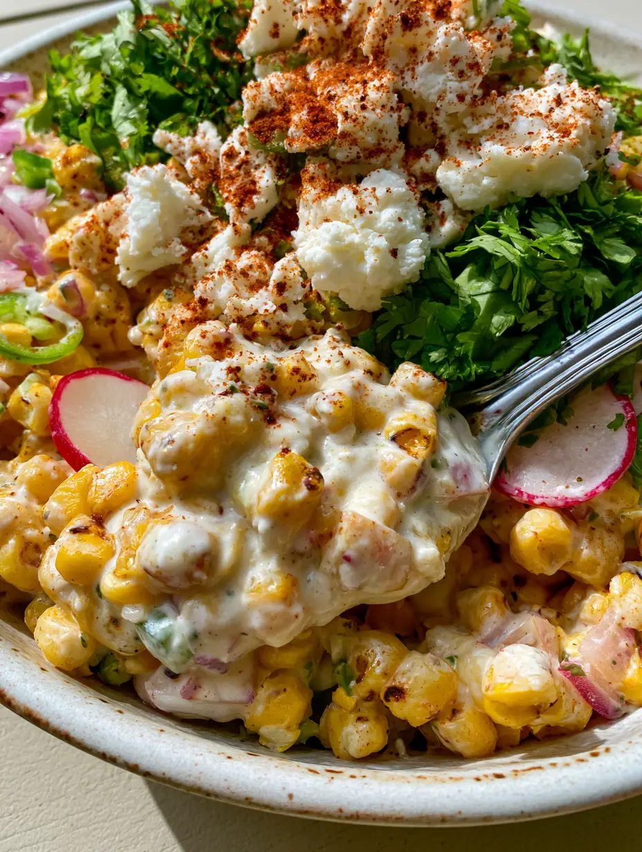Overhead view of charred corn kernels mixed with creamy dressing and red radishes. (creamy corn salad)
