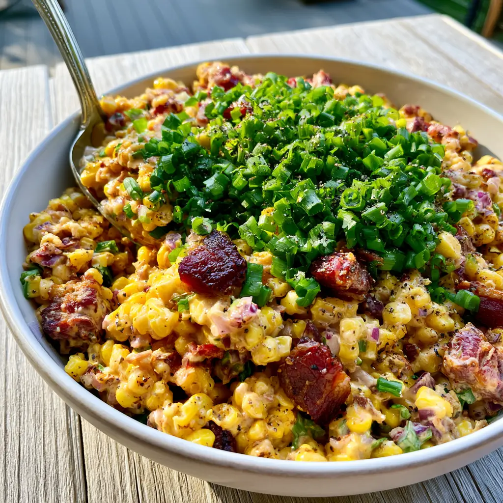 A close up of crack corn salad being served with a silver spoon, highlighting the thick chunks of mahogany bacon.