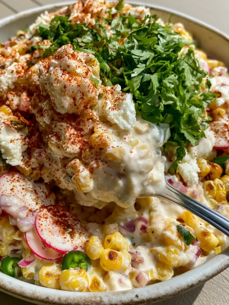 A silver spoon lifting a heap of creamy corn salad to show the thick glossy lime-crema dressing.