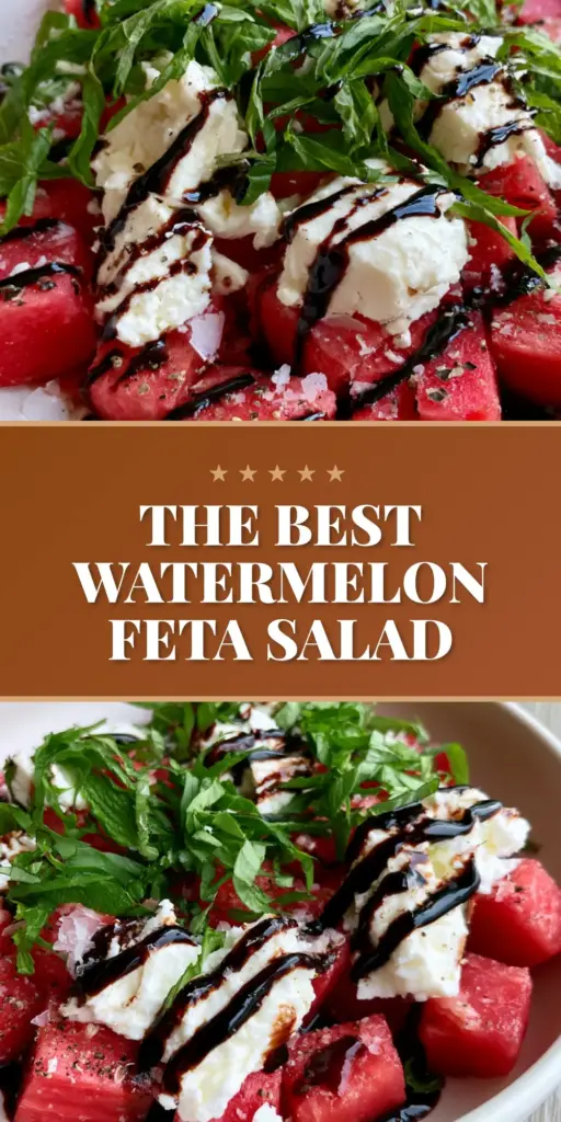 A high-angle shot of a Watermelon Feta Salad with obsidian balsamic drizzle in a white bowl. (Watermelon Feta Salad)
