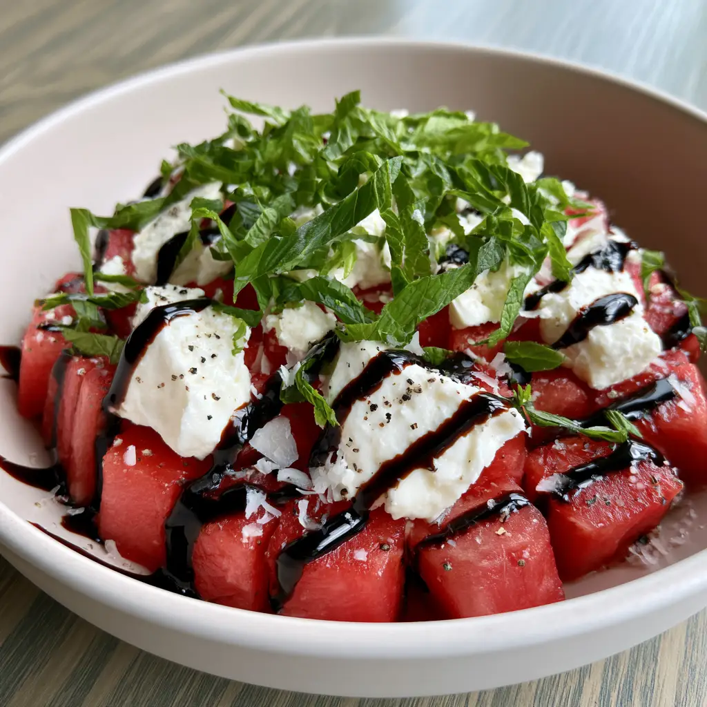 Visual details of obsidian balsamic glaze zig-zagged over a Watermelon Feta Salad.