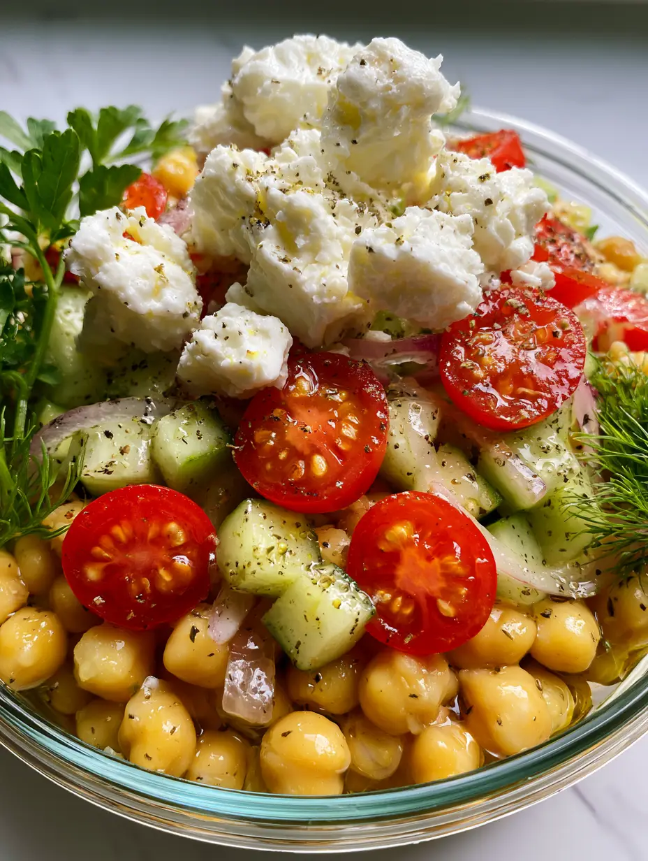 Close-up of Mediterranean ingredients for cucumber chickpea feta salad including ruby-red halved tomatoes and translucent red onion slivers.