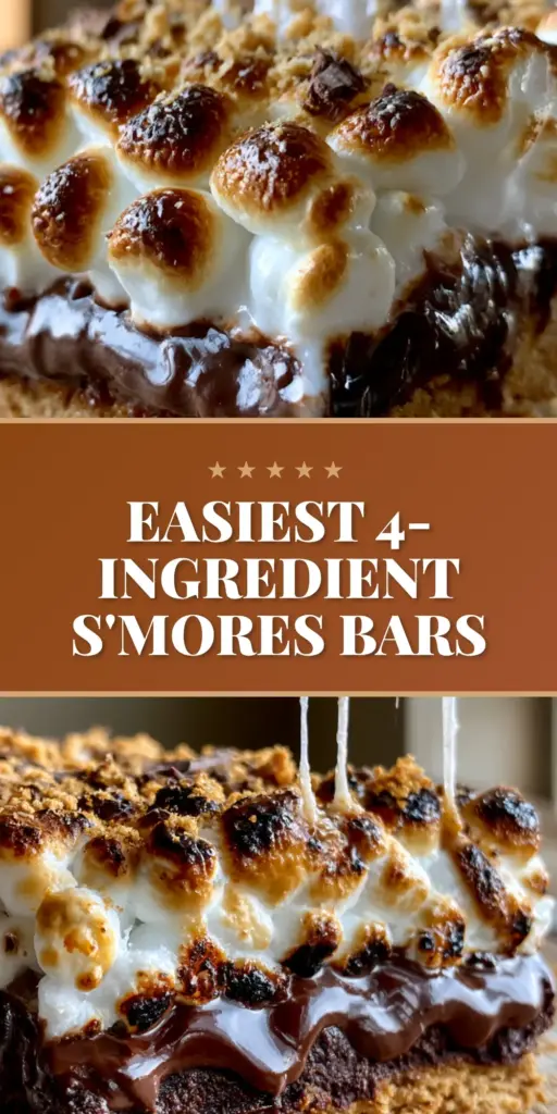 A close-up shot of thick, gooey s'mores bars with a charred marshmallow topping and a stretchy marshmallow bridge being lifted from a tray.