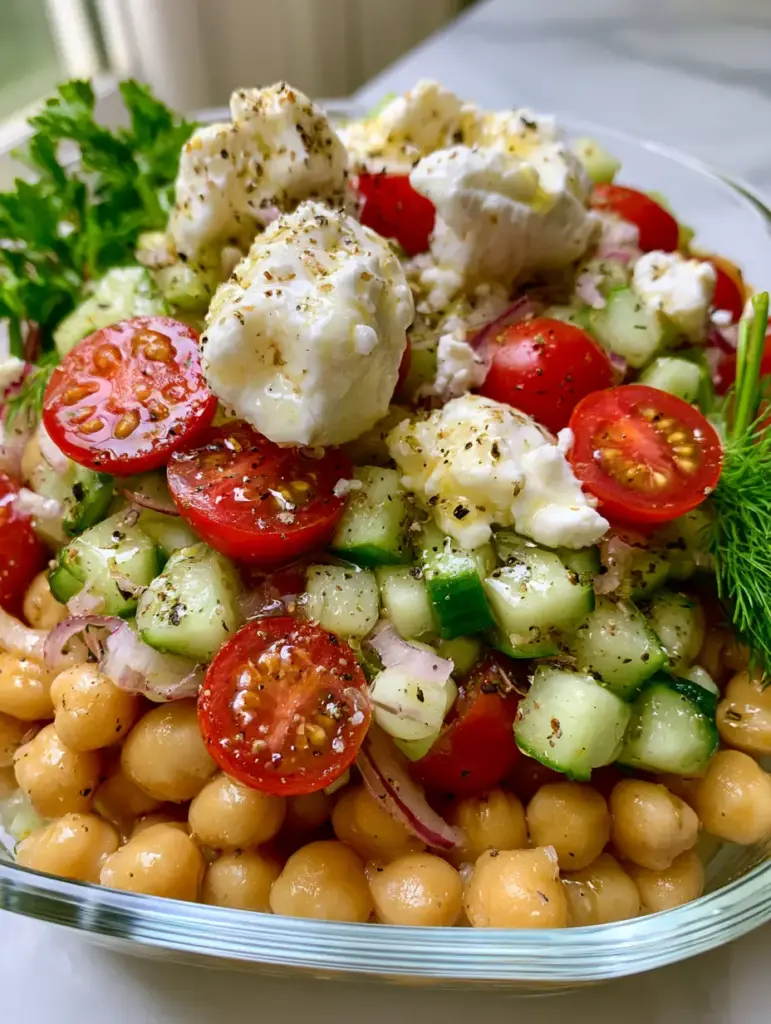 Overhead view of a glass bowl containing cucumber chickpea feta salad glistening with a lemon-herb vinaigrette coating.