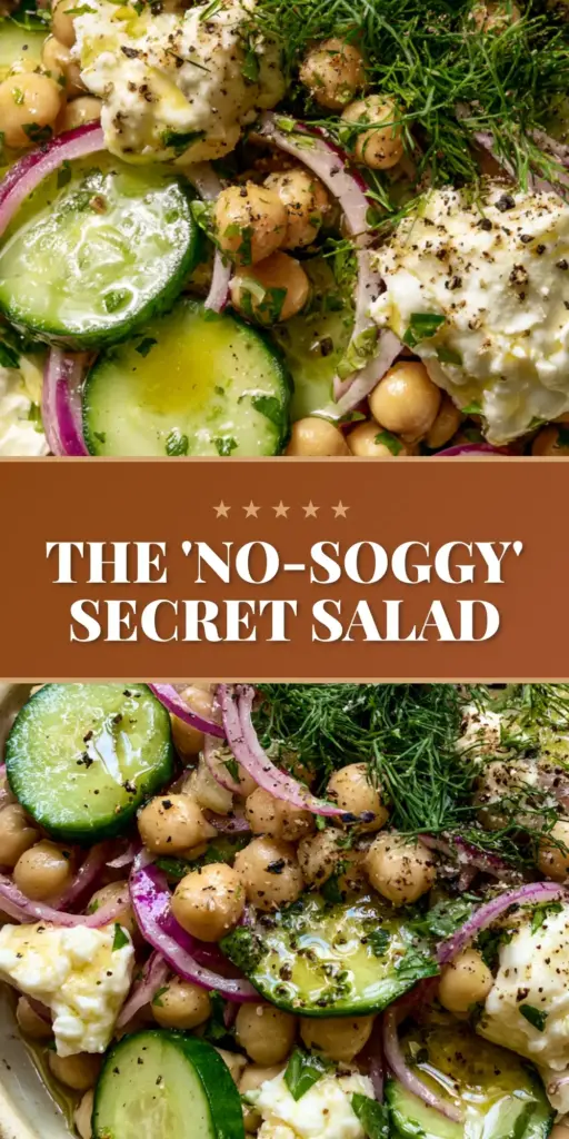 A vibrant chickpea cucumber feta salad in a rustic cream bowl, showing thick-cut cucumbers and large feta chunks. (chickpea cucumber feta salad)