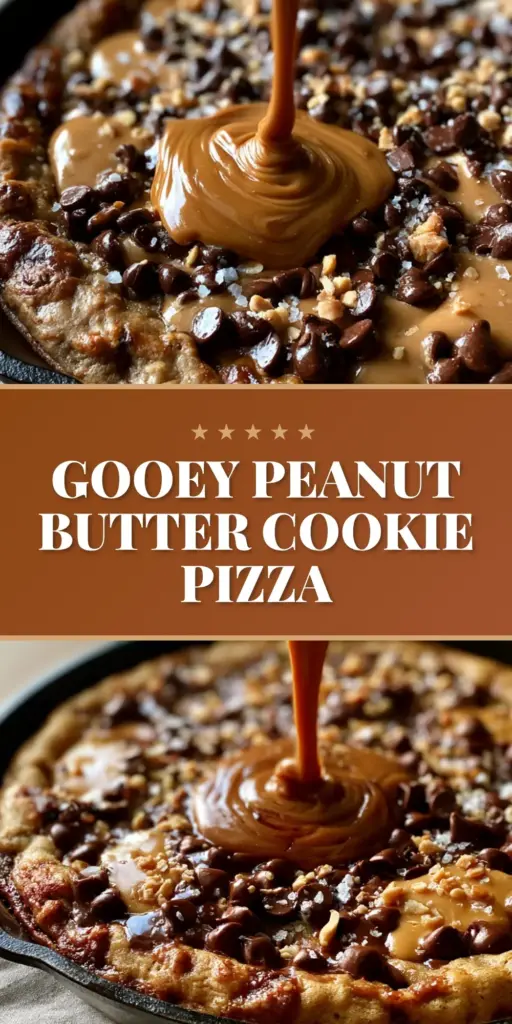 Peanut Butter Chocolate Chip Cookie Pizza: The Ultimate Skillet Dessert 4 A giant Peanut Butter Chocolate Chip Cookie Pizza in a black cast iron skillet with a thick peanut butter drizzle and sea salt flakes.