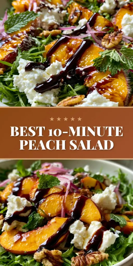 An ultra-close-up of a Peach Feta Salad in a white bowl with juicy peach wedges, creamy feta, and a thick balsamic glaze drizzle.