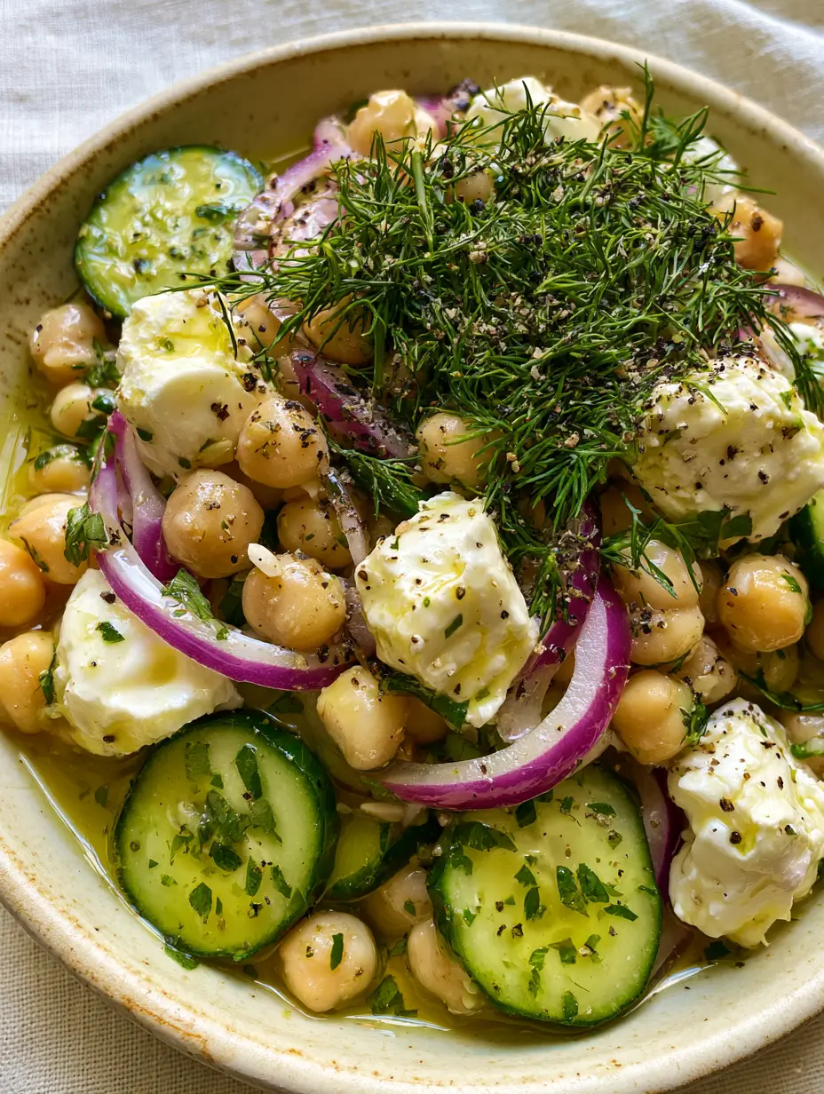 Close-up of matte chickpeas and bright green Persian cucumber slices in a Mediterranean salad. (chickpea cucumber feta salad)