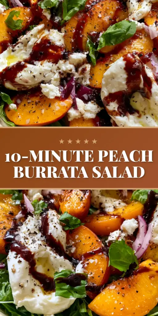 Summer Peach Salad with Creamy Burrata and Tangy Balsamic Glaze 4 A close-up of a summer peach salad in a cream bowl featuring burrata, peaches, and balsamic glaze on a beige linen background.