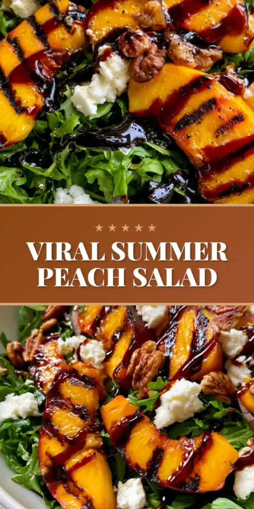 Close-up of a Peach Arugula Salad with charred peach wedges, goat cheese, and balsamic glaze in a white bowl under golden sunlight.