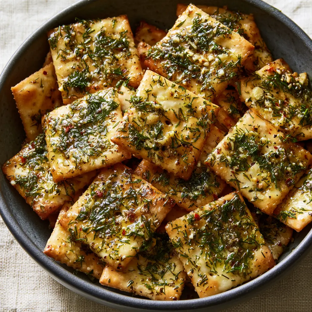 dill pickle saltines: The Ultimate Crispy, Tangy Snack Recipe 2 Top-down macro shot of gourmet dill pickle saltines with toasted edges and vibrant green dill flakes in a charcoal bowl. (dill pickle saltines)