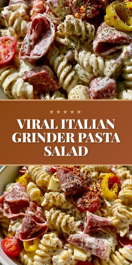 Grinder Pasta Salad: The Ultimate Creamy Zesty Italian Mashup 3 A top-down view of a large white bowl filled with Grinder Pasta Salad, featuring rotini, salami ribbons, and banana peppers. (grinder pasta salad)