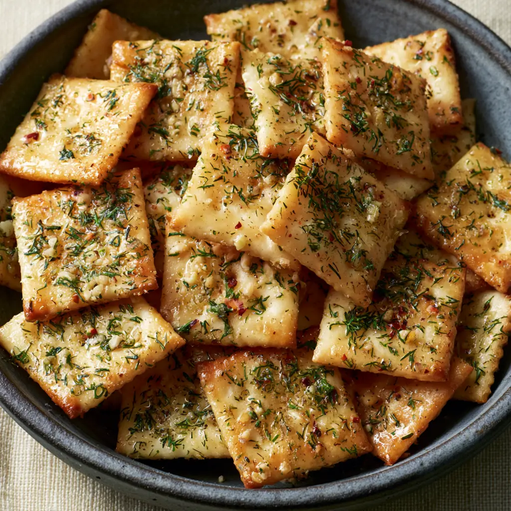dill pickle saltines: The Ultimate Crispy, Tangy Snack Recipe 1 Close-up view of toasted square saltine crackers with a glistening savory oil glaze and sea salt crystals.