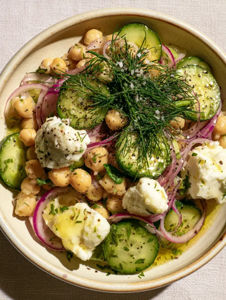 Overhead view of a bowl of chickpea cucumber feta salad with glossy lemon dressing and cracked pepper.