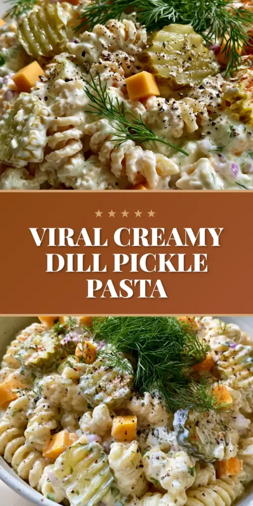 A vertical shot of creamy Dill Pickle Pasta Salad in a white bowl, showing rotini, crinkle-cut pickles, and cheddar cheese.