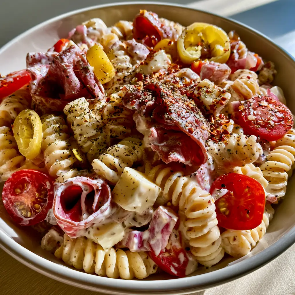 Grinder Pasta Salad: The Ultimate Creamy Zesty Italian Mashup 2 Close up of creamy dressing and salami ribbons in a grinder pasta salad. (grinder pasta salad)