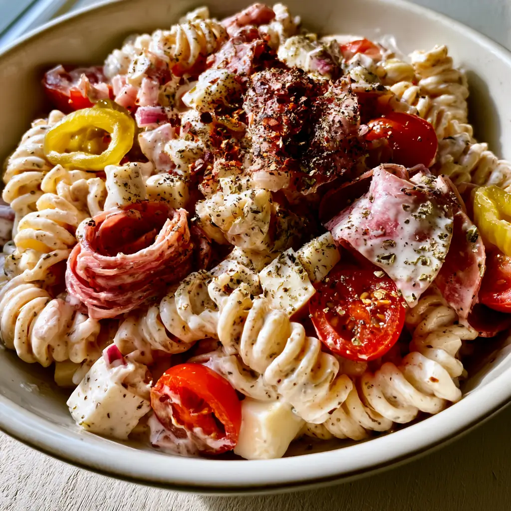 Grinder Pasta Salad: The Ultimate Creamy Zesty Italian Mashup 1 A vibrant bowl of grinder pasta salad being served outdoors on a wooden table.