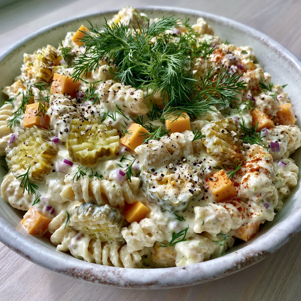 Close up of Dill Pickle Pasta Salad highlighting the creamy texture of the dressing and the fresh dill garnish.