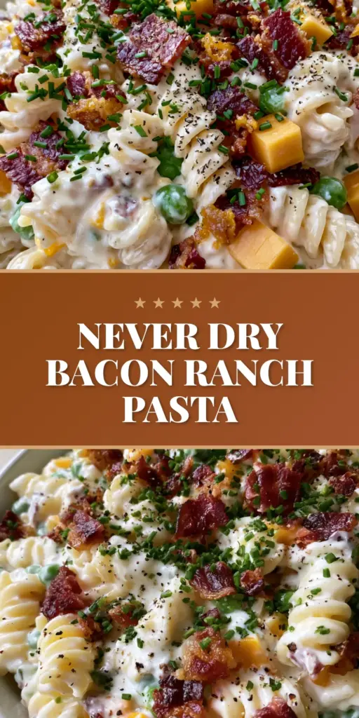 A close-up shot of creamy bacon ranch pasta salad in a white bowl with crispy bacon bits, cheddar cubes, and green peas. (bacon ranch pasta salad)