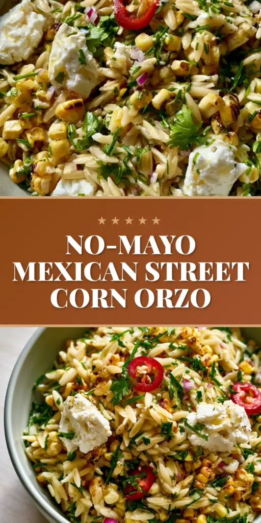 A top-down macro shot of grilled corn orzo salad in a grey bowl featuring charred corn, feta, and jalapeños.