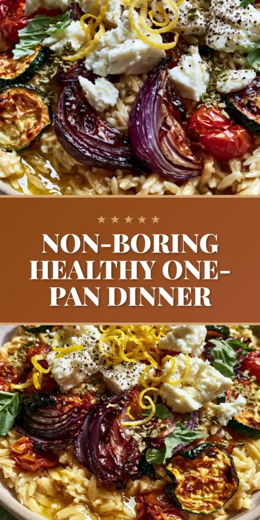 Roasted Vegetable Orzo with Lemon Butter and Feta 4 A wide ceramic pan filled with roasted vegetable orzo featuring charred zucchini, blistered tomatoes, and feta chunks.