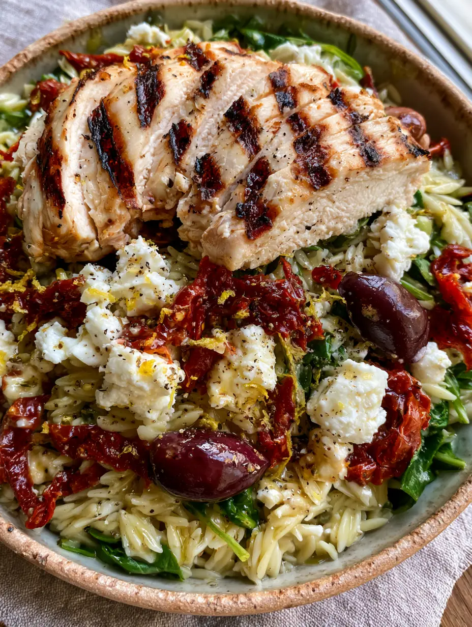 Top-down view of Grilled chicken orzo salad showing glistening pasta and dark grill marks on chicken.