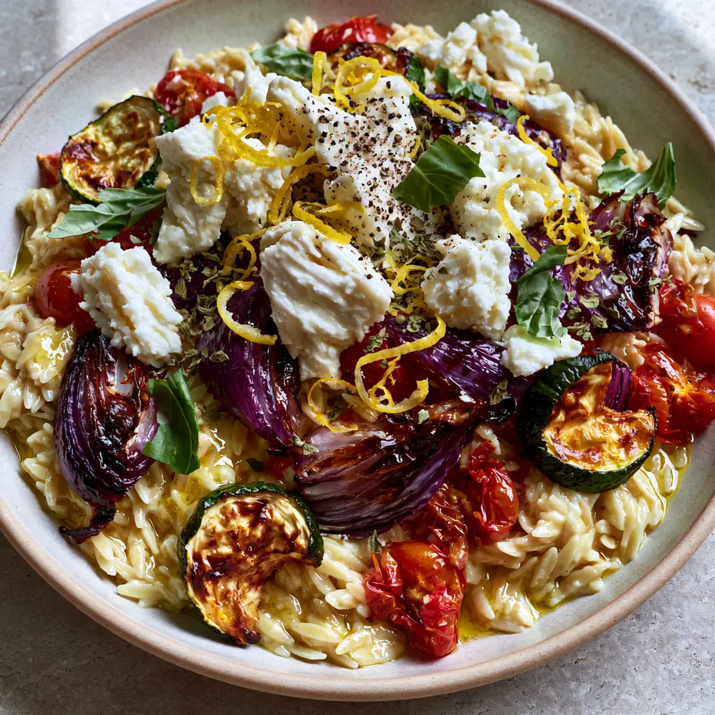 Roasted Vegetable Orzo with Lemon Butter and Feta 2 Overhead shot of creamy roasted vegetable orzo with caramelized red onions and fresh basil in a ceramic pan.