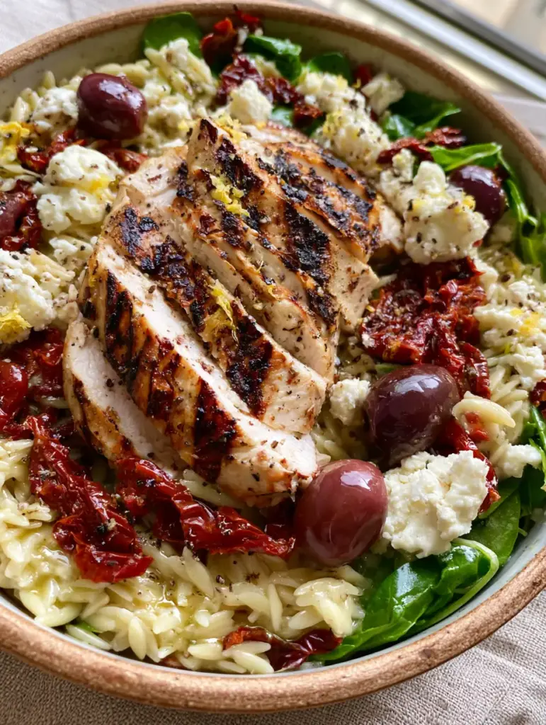 Close-up of feta cheese, kalamata olives, and sun-dried tomatoes in a Grilled chicken orzo salad.