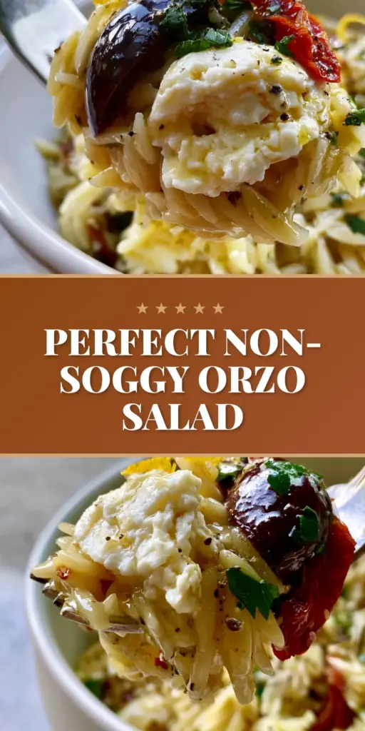A tall, vertical shot of a Mediterranean orzo salad featuring glossy vinaigrette, vibrant sun-dried tomatoes, and creamy feta cheese, perfect for Pinterest.