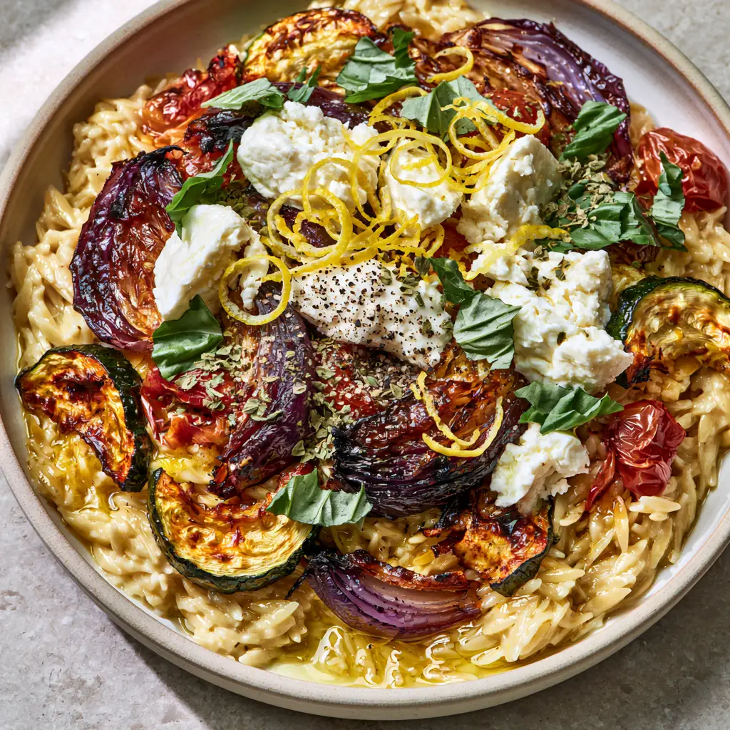 Roasted Vegetable Orzo with Lemon Butter and Feta 1 Handheld photo showing the glossy lemon-butter sheen on roasted vegetable orzo topped with lemon zest curls.