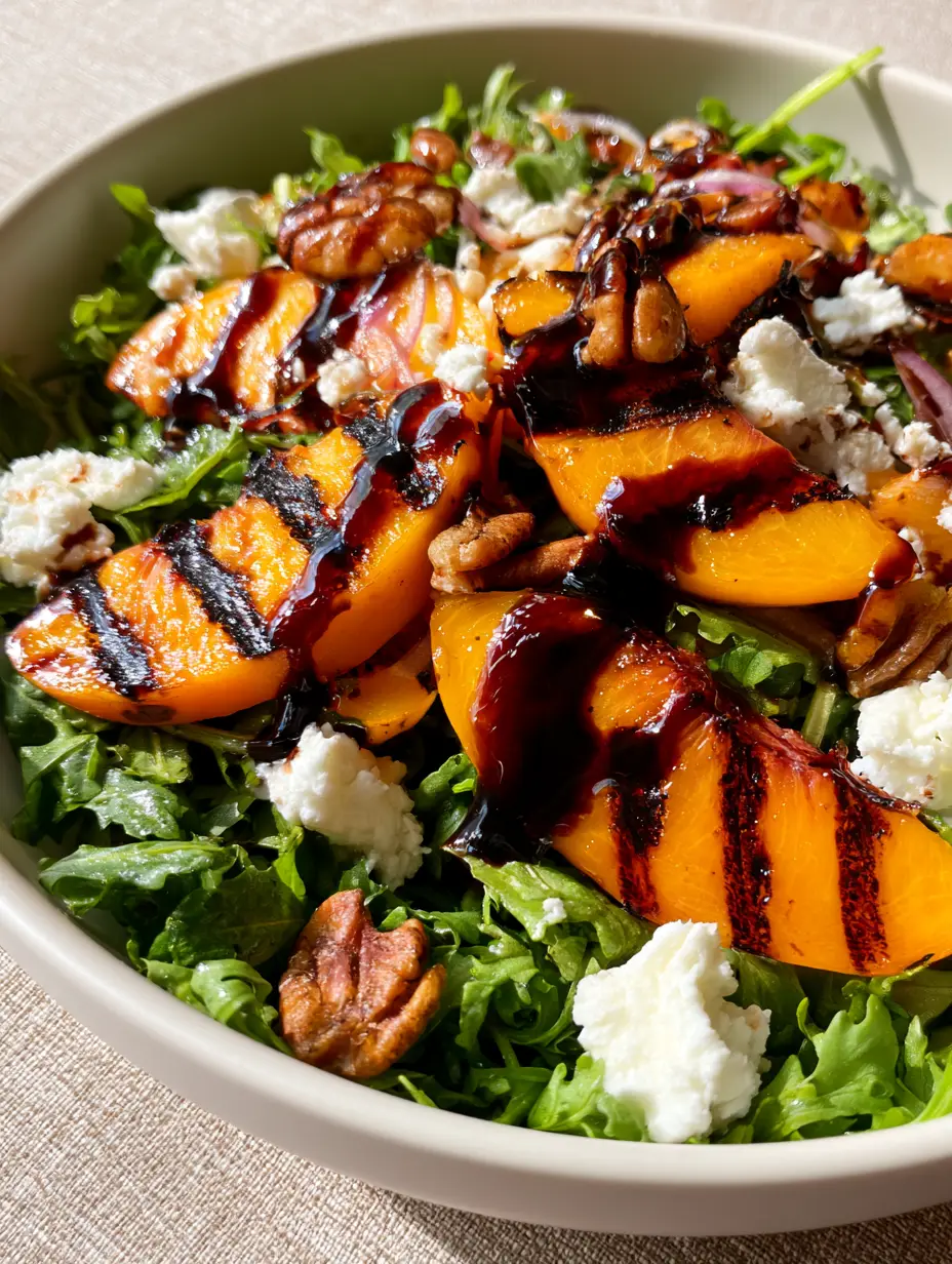 High-contrast top view of ruffled baby arugula topped with succulent orange grilled peaches and creamy white goat cheese crumbles.