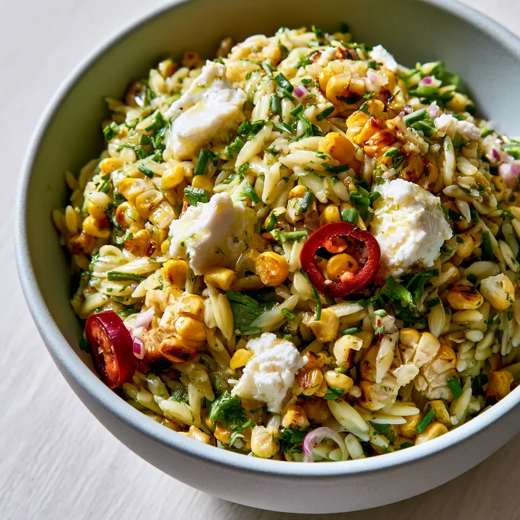 A glistening lemon-herb vinaigrette coating on a grilled corn orzo salad with red jalapeños.