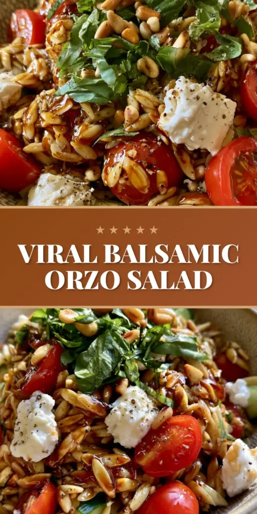 A handheld smartphone photo of a vibrant balsamic orzo salad in a ceramic bowl featuring glossy honey balsamic glaze, feta, and fresh basil.
