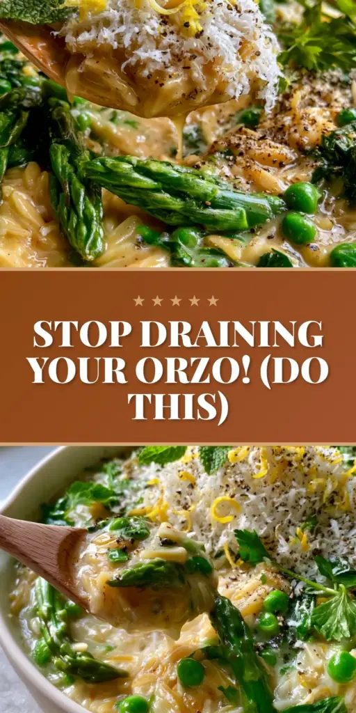 A close-up handheld shot of creamy orzo with asparagus and peas in a white ceramic pan with a wooden spoon scoop.