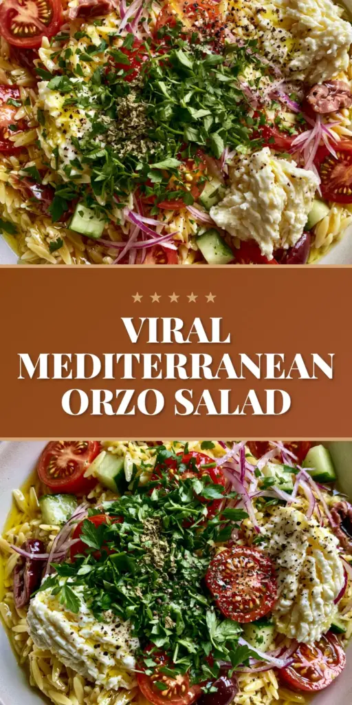 A vertical, close-up shot of Summer orzo pasta salad showing glistening orzo, red cherry tomatoes, and chunks of white feta cheese, optimized for Pinterest.