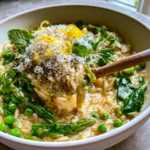 Vibrant emerald green blanched asparagus and peas mixed into a glistening golden orzo sauce.