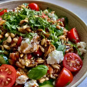 Close up of al dente orzo pasta thoroughly coated in dark honey balsamic dressing with bright red tomatoes. (balsamic orzo salad)