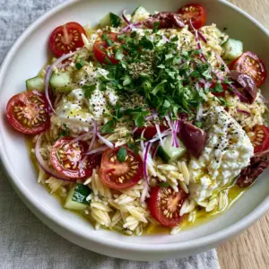 Macro top-down view of a Mediterranean Orzo Salad with halved cherry tomatoes, Persian cucumbers, and feta in a white bowl. (Summer orzo pasta salad)