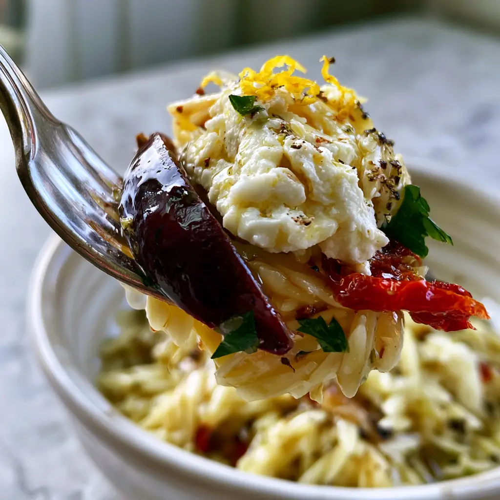 A close-up view of orzo salad in a white bowl showing vibrant sun-dried tomatoes, green parsley, and cracked black pepper flakes.