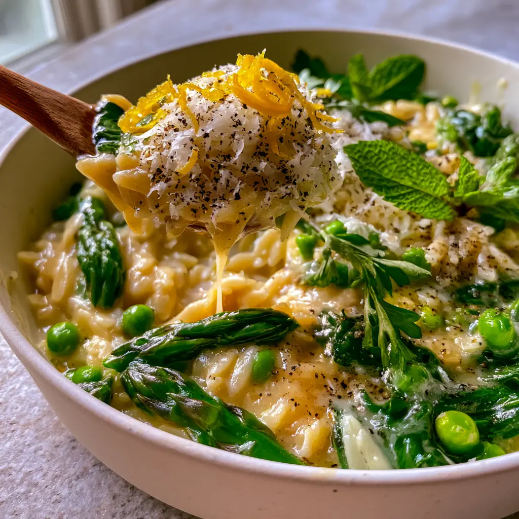 A generous mound of fluffy micro-planed parmesan and fresh mint leaves on top of orzo with asparagus and peas.
