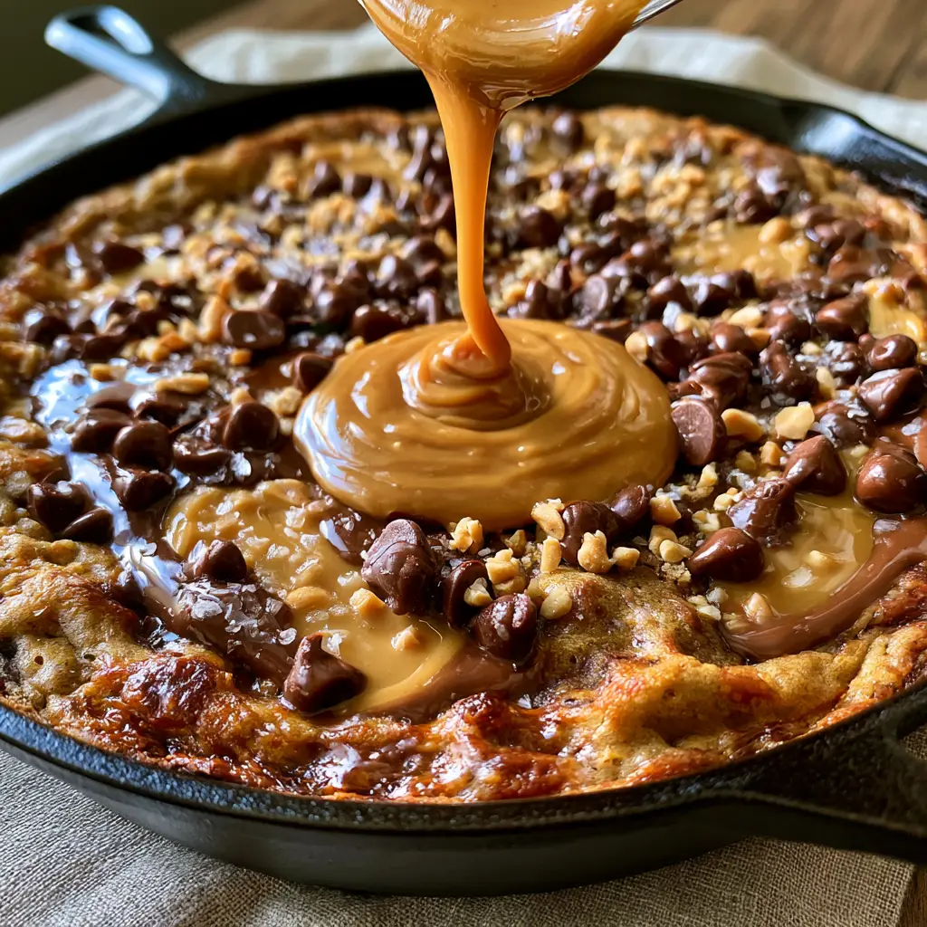 Peanut Butter Chocolate Chip Cookie Pizza: The Ultimate Skillet Dessert 2 Close-up of a Peanut Butter Chocolate Chip Cookie Pizza showing gooey peanut butter pools and half-melted chocolate chips.