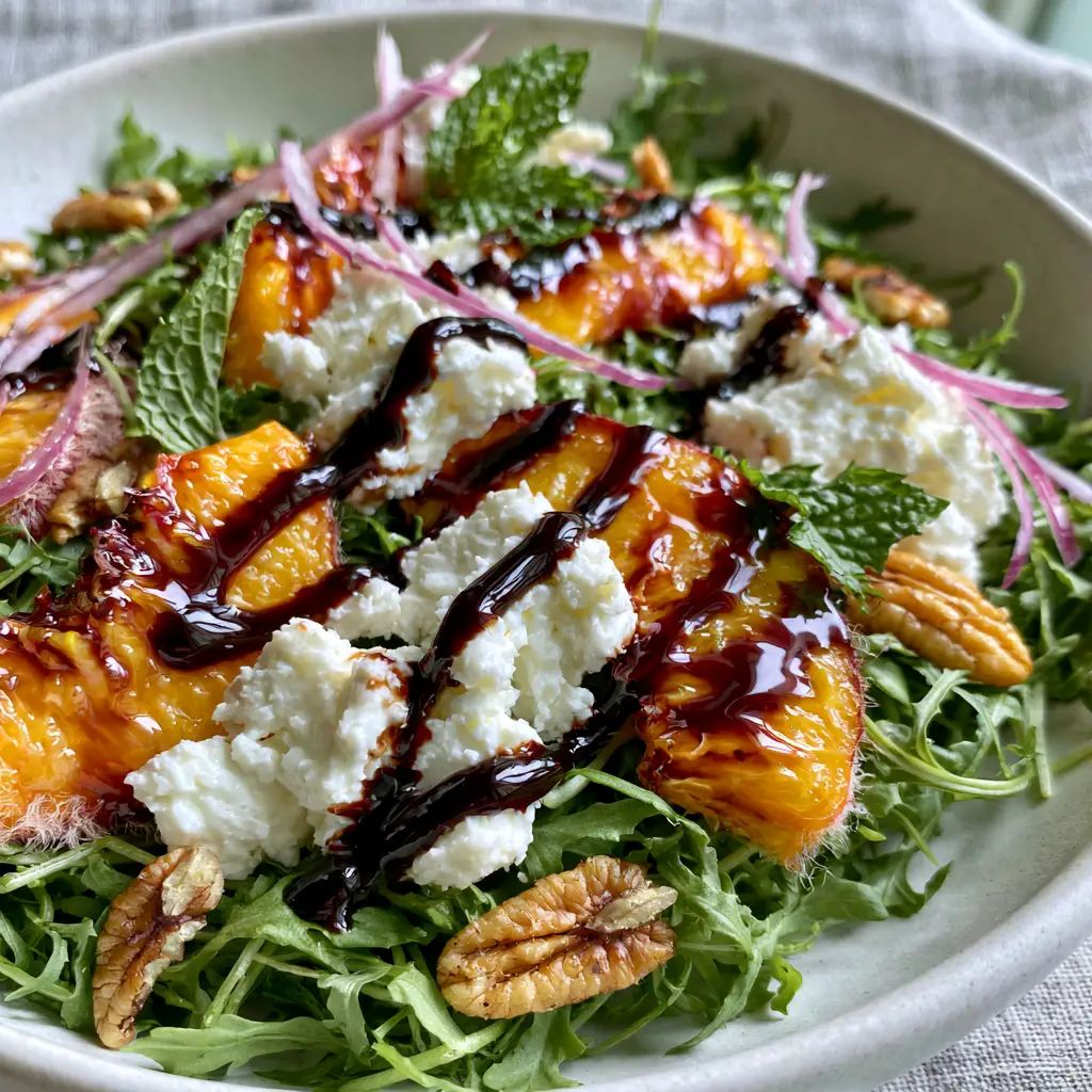 Close up view of toasted pecans and juicy peach wedges in a peach feta salad.
