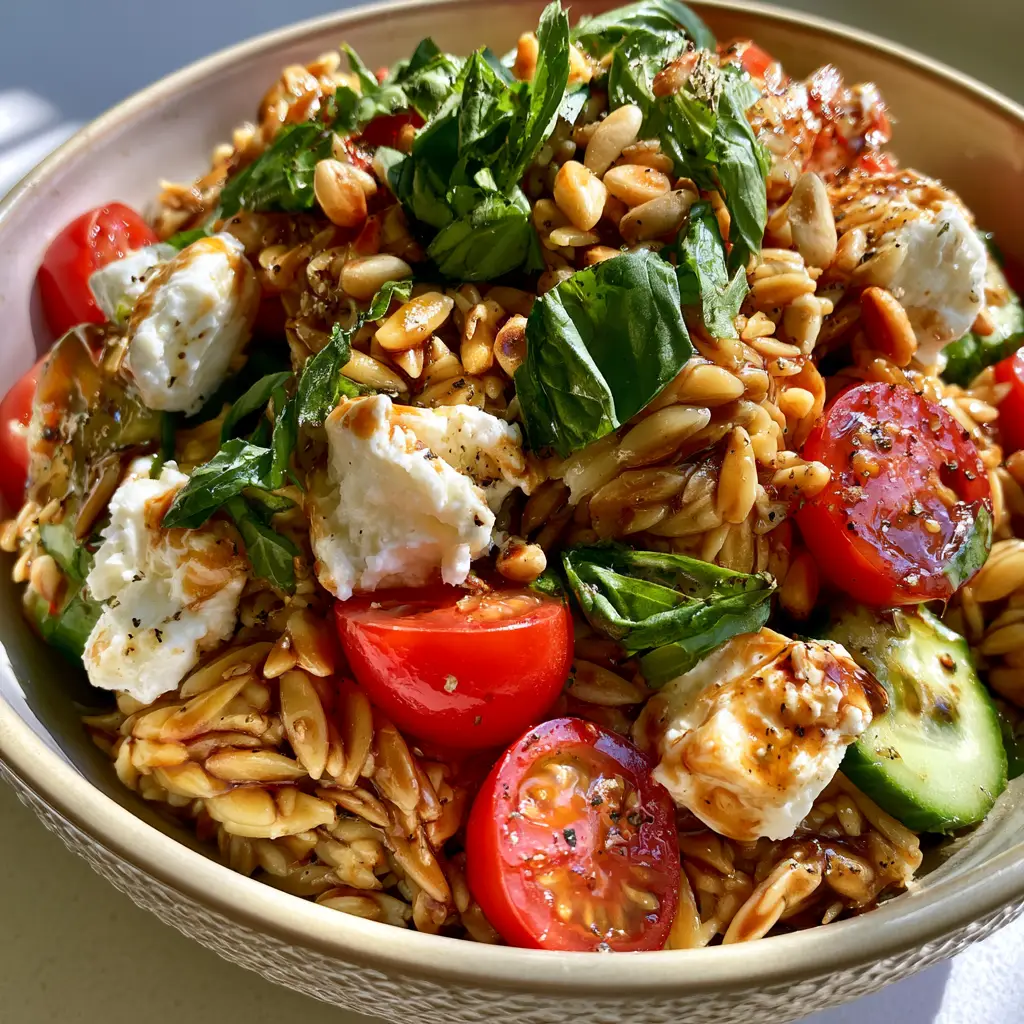 Top down view of balsamic orzo salad garnished with fresh basil chiffonade and toasted pine nuts.