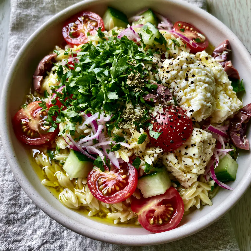 Close-up detail of Summer orzo pasta salad focusing on the creamy chunks of feta and the translucent lemon vinaigrette sheen.